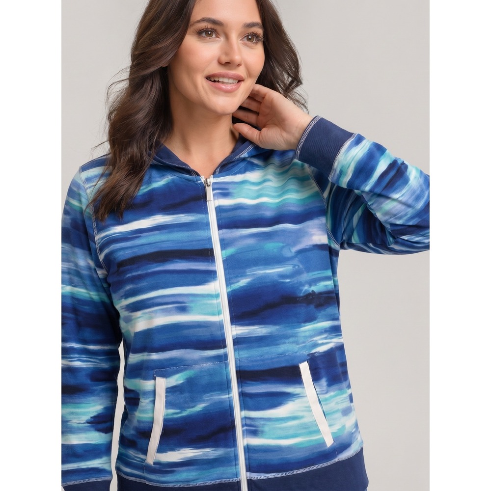 Onque Casual‎ Abstract Blue Stripe Full Zip Hoodie Medium Womens Active Coastal